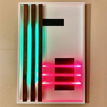 rectangular sculpture made out of wood, PVC pipe, acrylic paint, LED lights, mylar