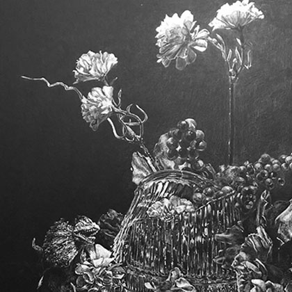 White pencil drawing on black paper of a broken glass vase, and a small dinosaur toy. Flowers are in the vase, and there is a lot of detail in the texture of the vase. 