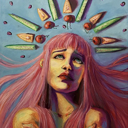 oil pastel drawing a person with long pink hair embracing a pomegranate while being surrounded by other colorful foods