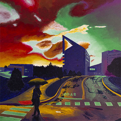 acrylic painting of the CLA structure at Cal Poly Pomona with a warm colored sky after raining