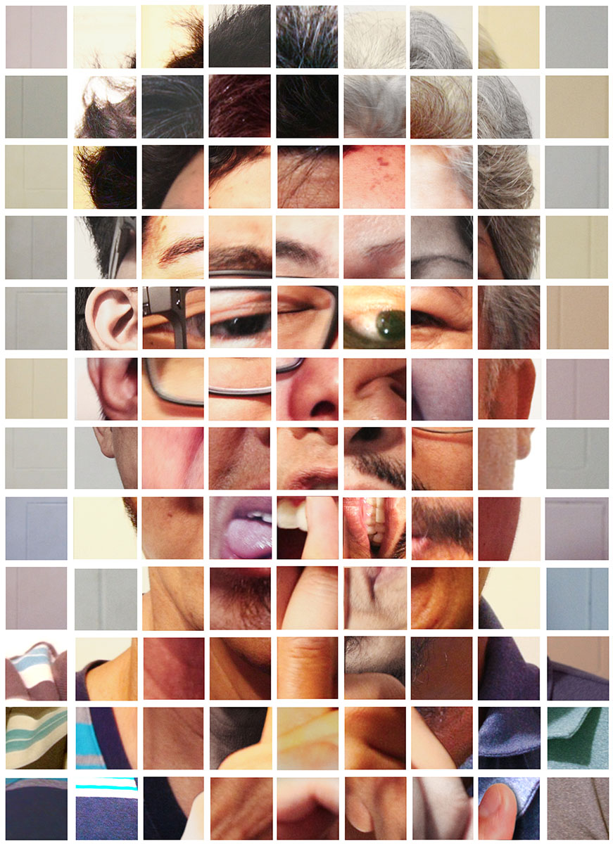 Collage made up of equal sized squares. Each square has a piece of an image of a person. The collage is composed of lots of different small parts of people various ages.