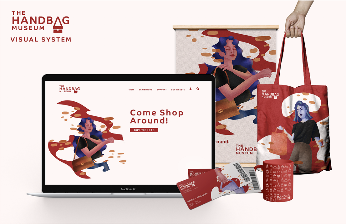 image of a graphics campaign for a fictitious 'handbag museum'. There is a website, tote bag, mug, poster, tickets to said museum, and the logo. Colors are red and purple primarily.
