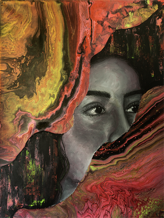 portrait of young lady painted in black and white. Colorful paint has been poured over the painting so the portrait seems to be peeking through the swirled colorful paint.