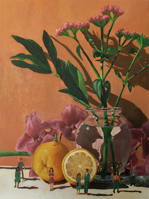 Still life painting of pink flowers in a vase of water against an orange wall. There is an orange sitting by the vase. Tiny people are meandering around the vase and one sits on the orange.