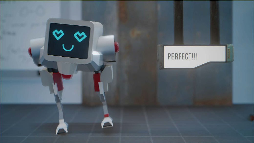 image of a 3d rendered environment with a little robot standing in the left side of the frame. Robot has heart eyes and there is an electronic floating box that glows and sys 'appeal'.