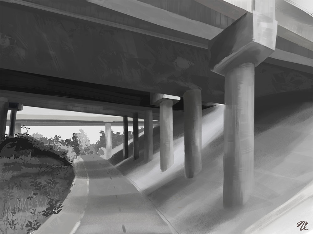 digital black and white painting of a freeway underpass