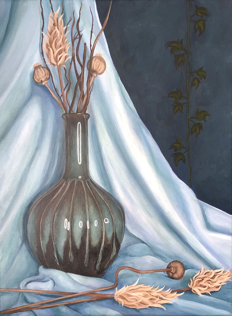 still life acrylic painting of a vase with blue curtains draped in the background
