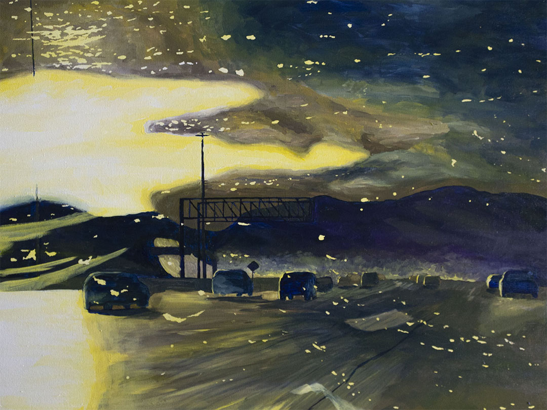 acrylic painting of cars on a freeway. The painting is composed in hues of yellow, dark blue and a small bit of green. Little flakes of yellow are floating in the air. 