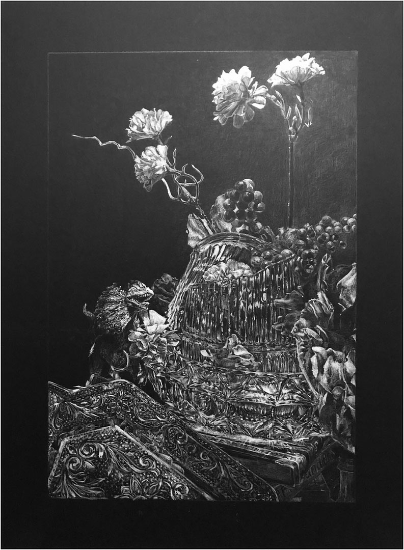 White pencil drawing on black paper of a broken vase