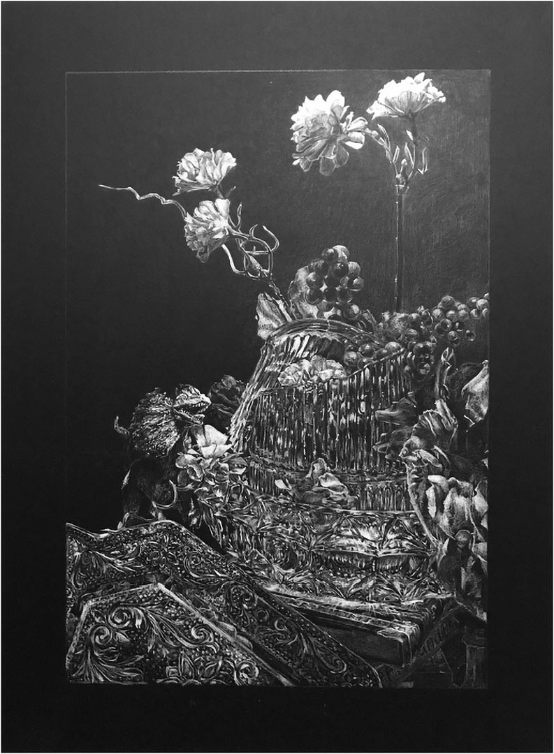 White pencil drawing on black paper of a broken glass vase, and a small dinosaur toy. Flowers are in the vase, and there is a lot of detail in the texture of the vase.