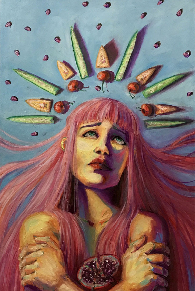 oil pastel drawing a person with long pink hair embracing a pomegranate while being surrounded by other colorful foods