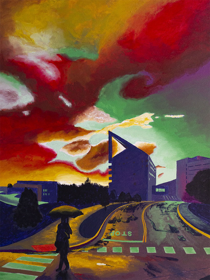acrylic painting of the CLA structure at Cal Poly Pomona with a warm colored sky after raining