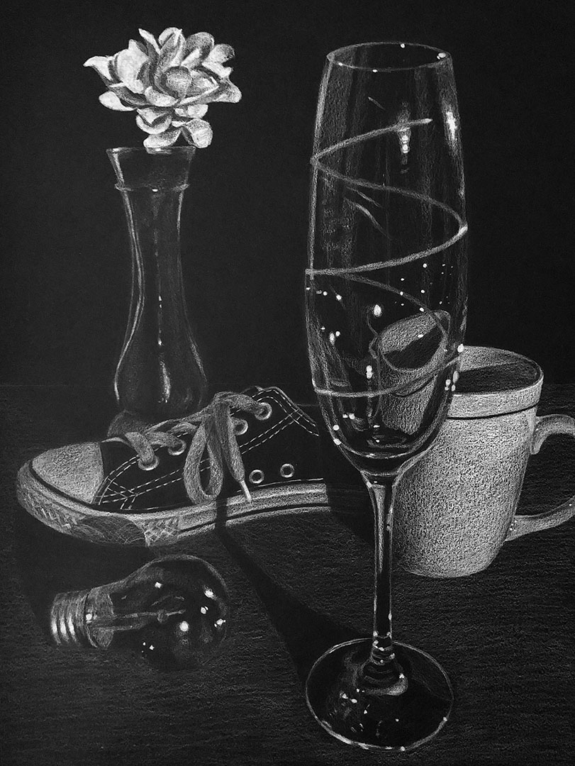 Black and White Still Life Drawing of flower in glass vase, converse shoe, wine glass, mug, and lightbulb