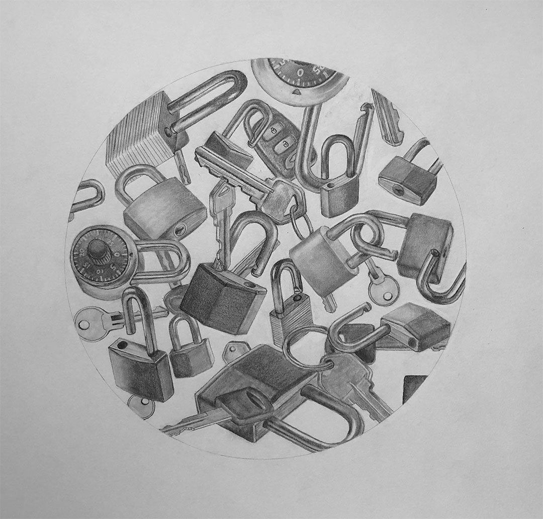 graphite drawing of a cropped circle composition of locks and keys