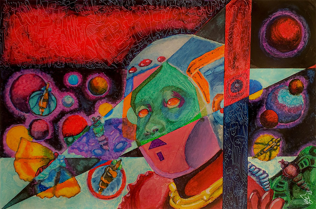 oil pastel drawing of an astronaut lost in the cosmos