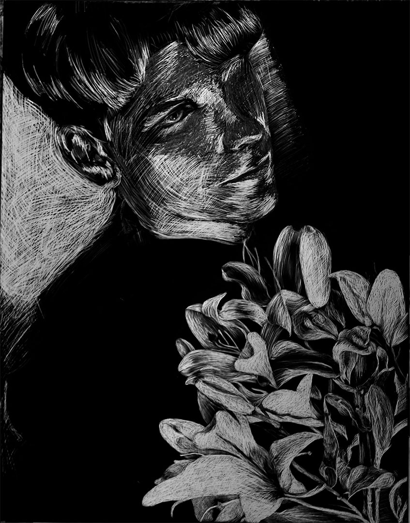 scratch board illustration of a person with flowers