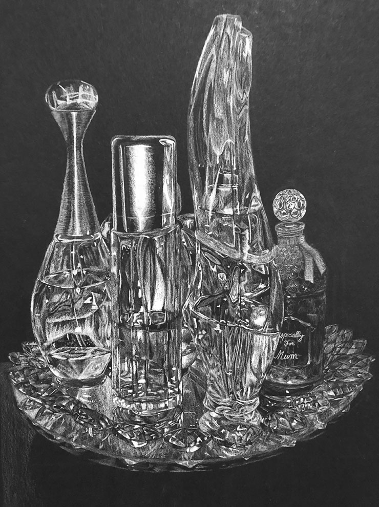 white prismacolor pencil drawing on black bristol board of a cluster of perfume bottles