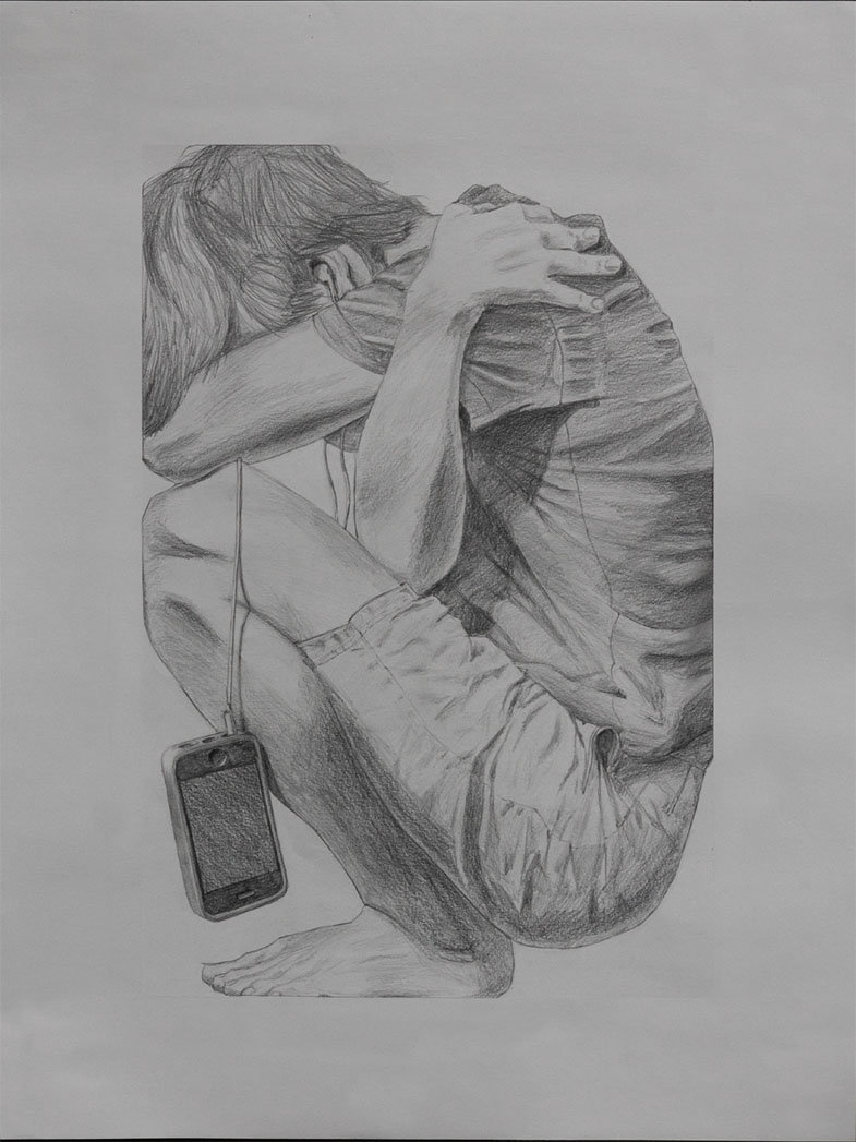 graphite drawing of a person crouched down with head in knees like they are "Trapped" in a box