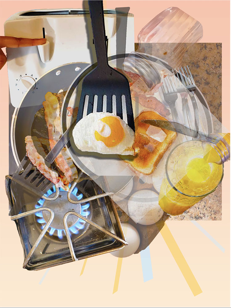 Photoshop collage of a morning breakfast: eggs, bacon, toaster, etc.