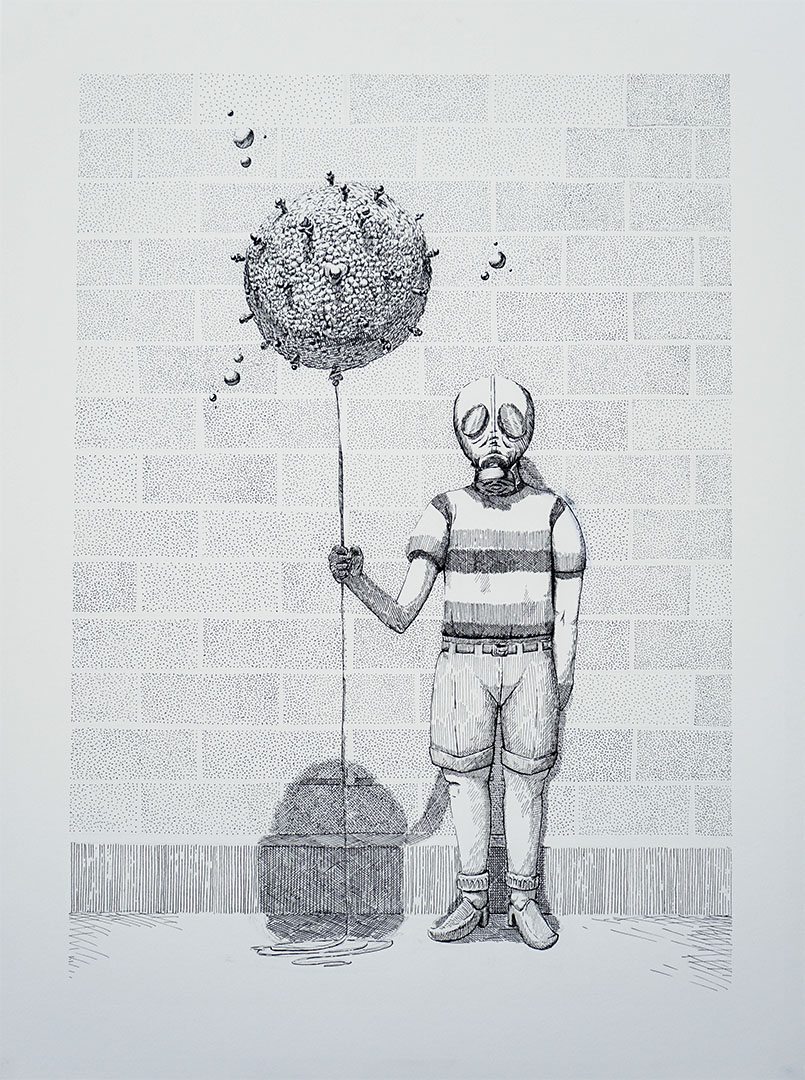 pen and ink illustration of a kid in a gas mask holding a balloon shaped like a bacteria