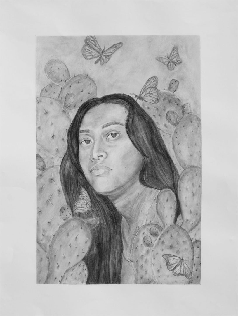 charcoal drawing of a person surrounded by prickly pear cactus