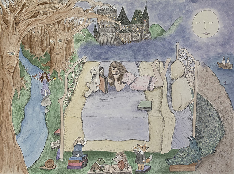 Micron pens and watercolor illustration of a girl reading in bed at night as fantasy stories come to life: trees with faces, fairy, dragon, frog, etc.