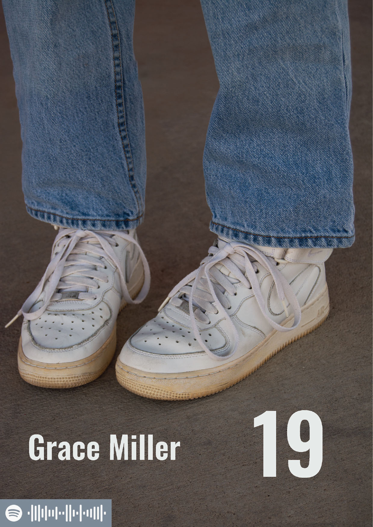 Grace Miller, 19, magazine cover cropped shin image of person wearing blue jeans and white Nike sneakers