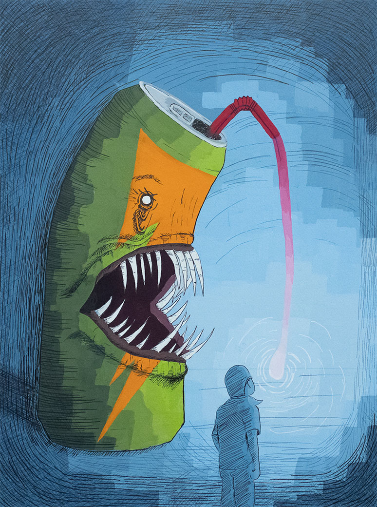 gouache and pen on cold press illustration board of a soda can as an angler fish luring people to take a sip