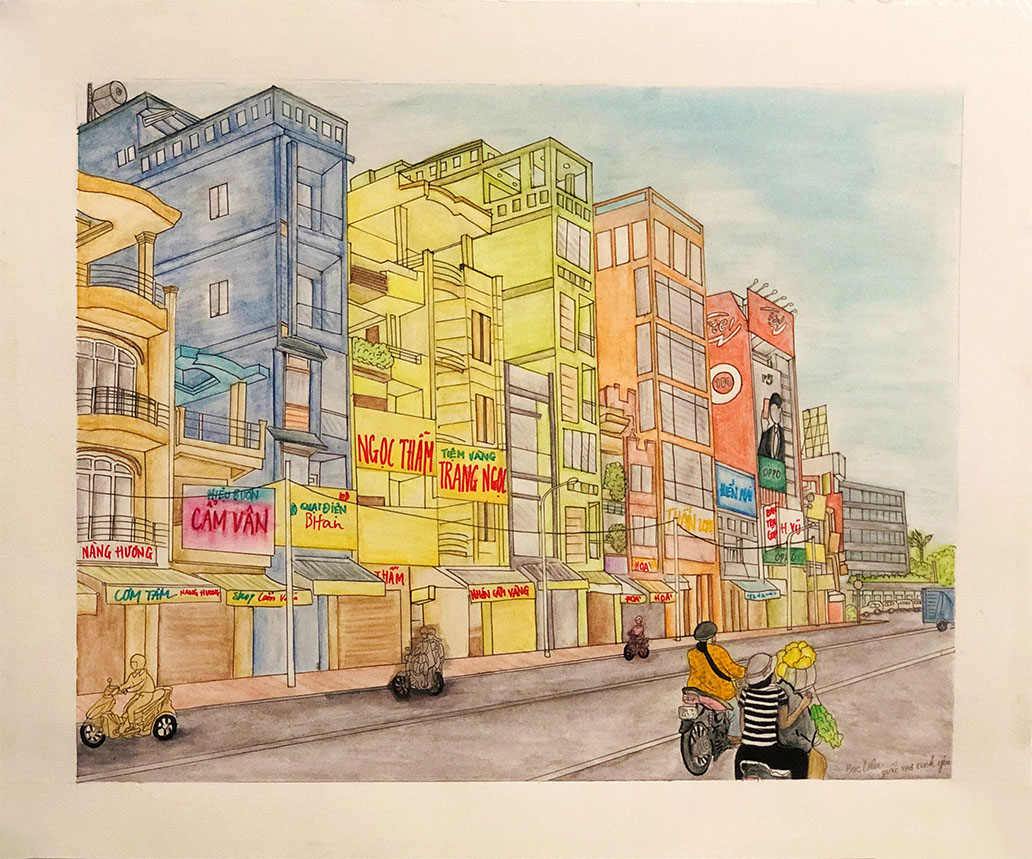 Khai Nguyen , Nostalgic Bac Lieu, 2020​, bristol paper, watercolor pencils, micron pens, soft pastels​ , 17 x 14” (mat/framed: 23 x 20”)​, Courtesy of the artist 