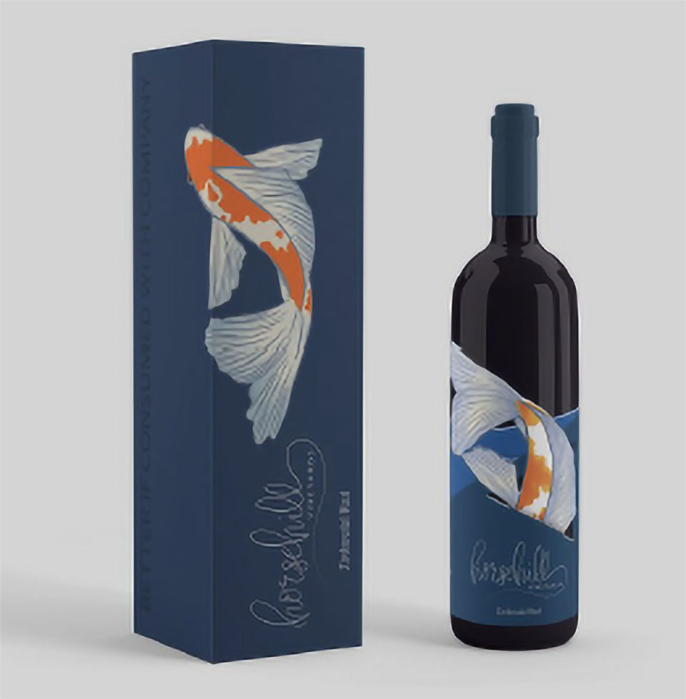 Horsehill Vineyards Wine Label with illustration of a koi fish and the words "Horesehill Vineyards" in white on navy blue wine label