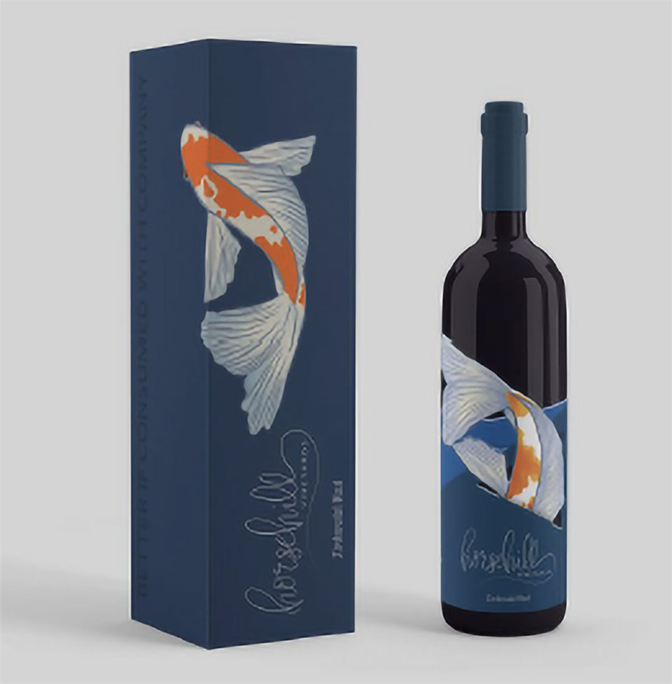 Horsehill Vineyards Wine Label with illustration of a koi fish and process books