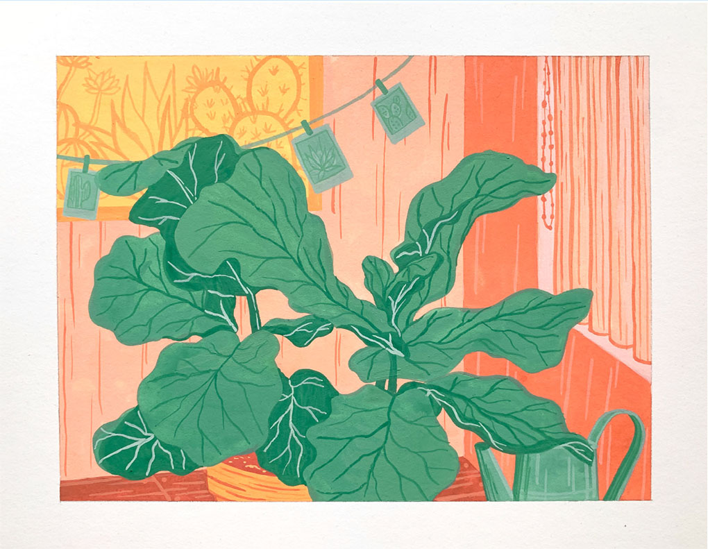 gouache painting of a warm summer afternoon with polaroid plant pictures hanging in the back and a green plant in the front