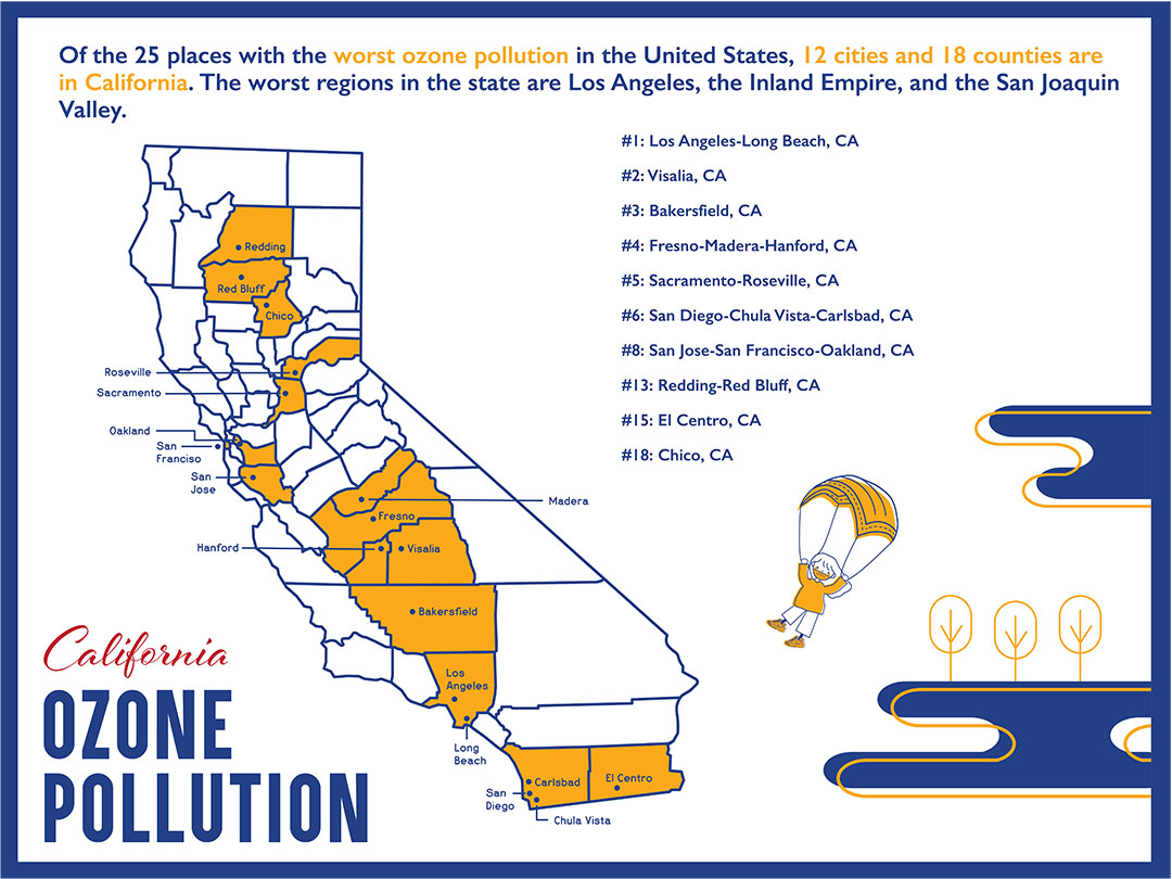 Carmen Wong, inside cover of "Smogged Up California" a map of California's ozone pollution zones, 2020​, Adobe Illustrator​, poster side: 18 x 24” / framed: 19 x 25”​, brochure side: 18 x 24” (open) or 9 x 12” (closed)​, Courtesy of the artist