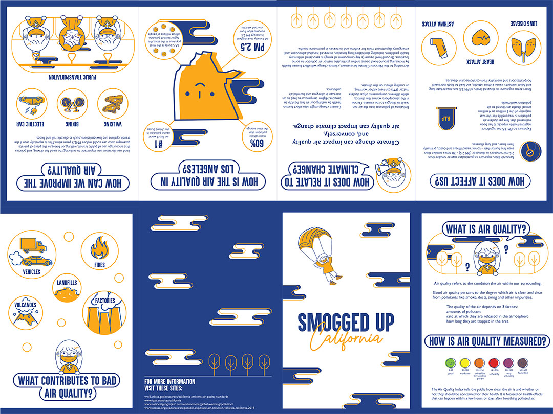 Carmen Wong, front of "Smogged Up California" brochure cover six sections with informative text, 2020​, Adobe Illustrator​, poster side: 18 x 24” / framed: 19 x 25”​, brochure side: 18 x 24” (open) or 9 x 12” (closed)​, Courtesy of the artist