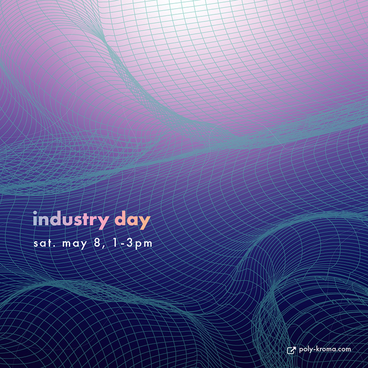 dark blue and purple gradient graphic with text that reads: Industry Day, Sat. May 8 1-3pm