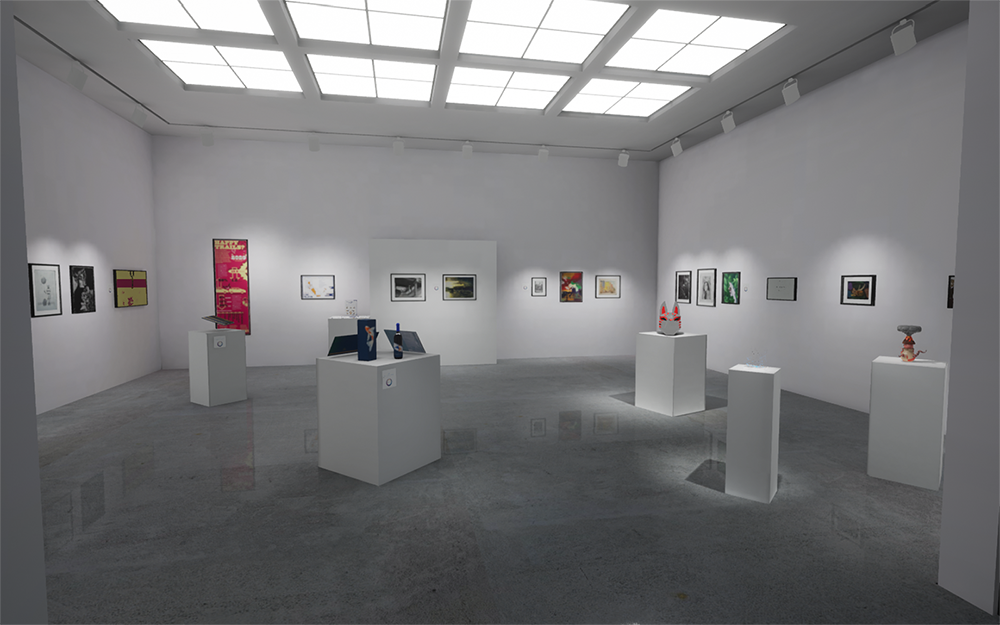 Installation View of virtual gallery, artwork hangs on walls of gallery and sites on sculpture stands.