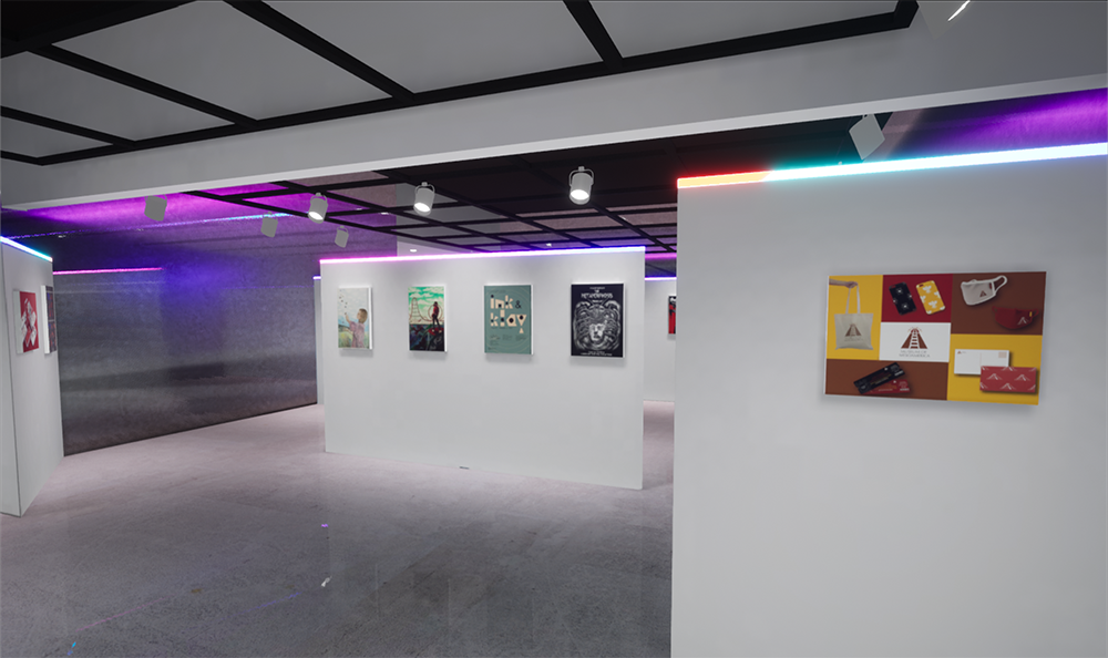 Installation View of virtual gallery, artwork hangs on portable walls