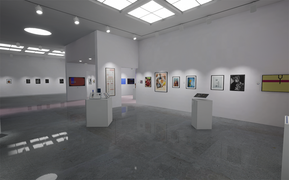 Installation View of virtual gallery, artwork hangs on walls of gallery and sites on sculpture stands.