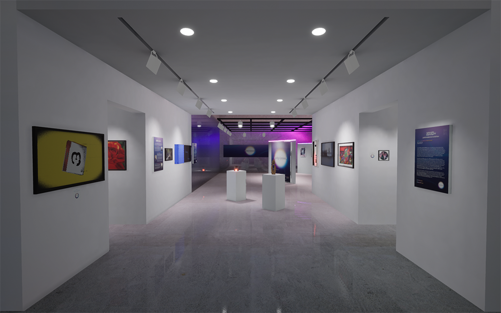 Installation View of virtual gallery, artwork hangs on walls and sits on sculpture stands