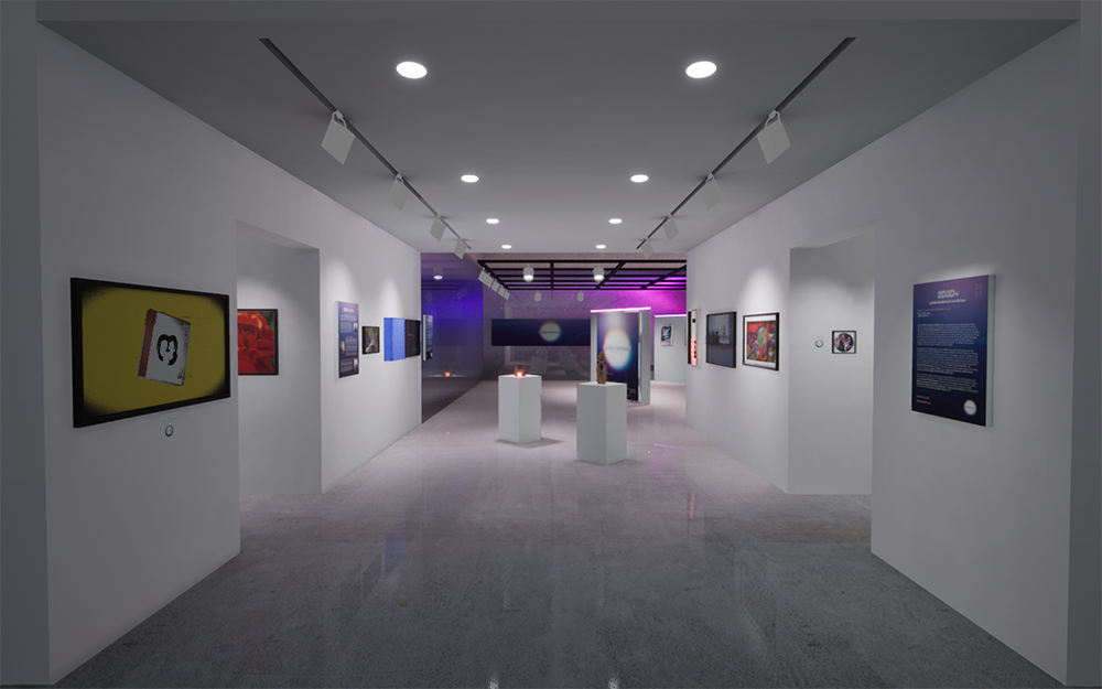 screen capture of inside of virtual gallery. Various modern artworks made using ink and clay are displayed throughout the gallery