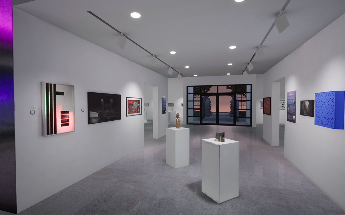 Installation View of virtual gallery, artwork hangs on walls and sits on sculpture stands