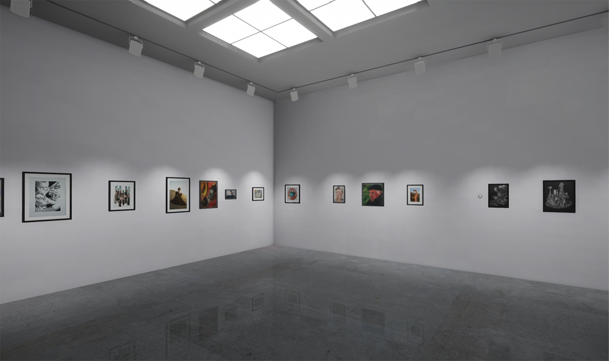 Installation View of virtual gallery, artwork hangs on walls of gallery