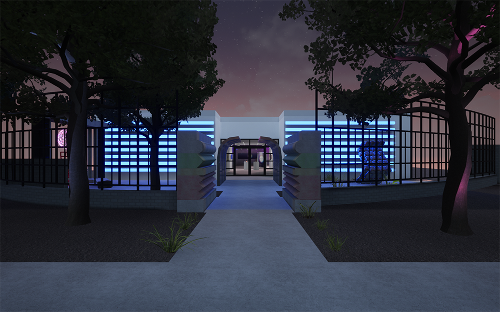 outside of virtually constructed gallery. LED light display lights up front of gallery.