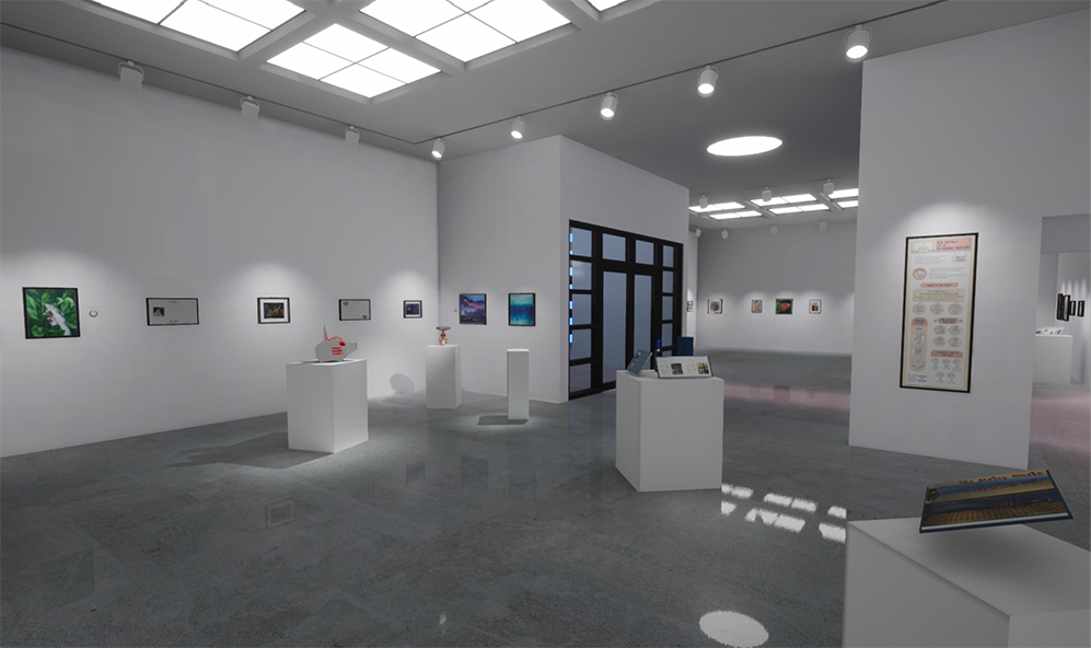 Installation View of virtual gallery, artwork hangs on walls of gallery and sites on sculpture stands.