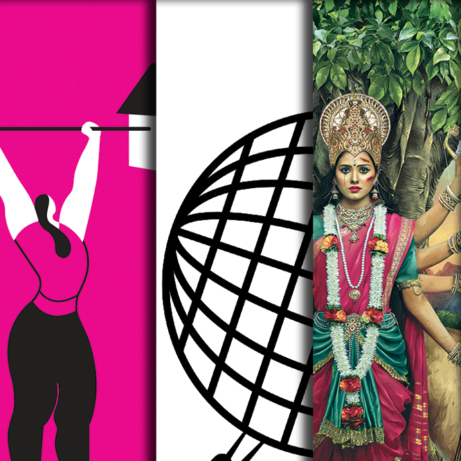 Women's Rights are Human Rights cropped graphic of: pink graphic with women lifting up the weight of the house, women pushing up the globe uphill, and an abused goddess