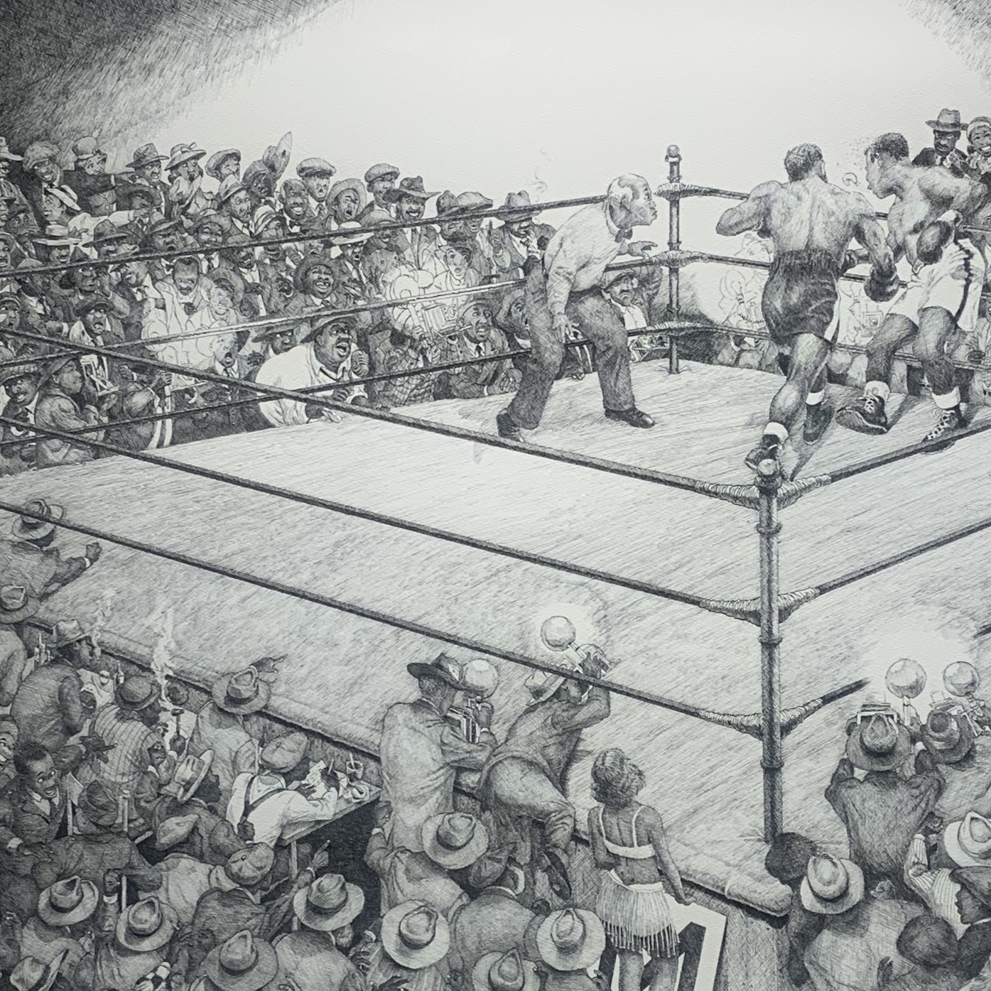 Knockout 1930 Image description: Black and White image of a boxing ring with an audience