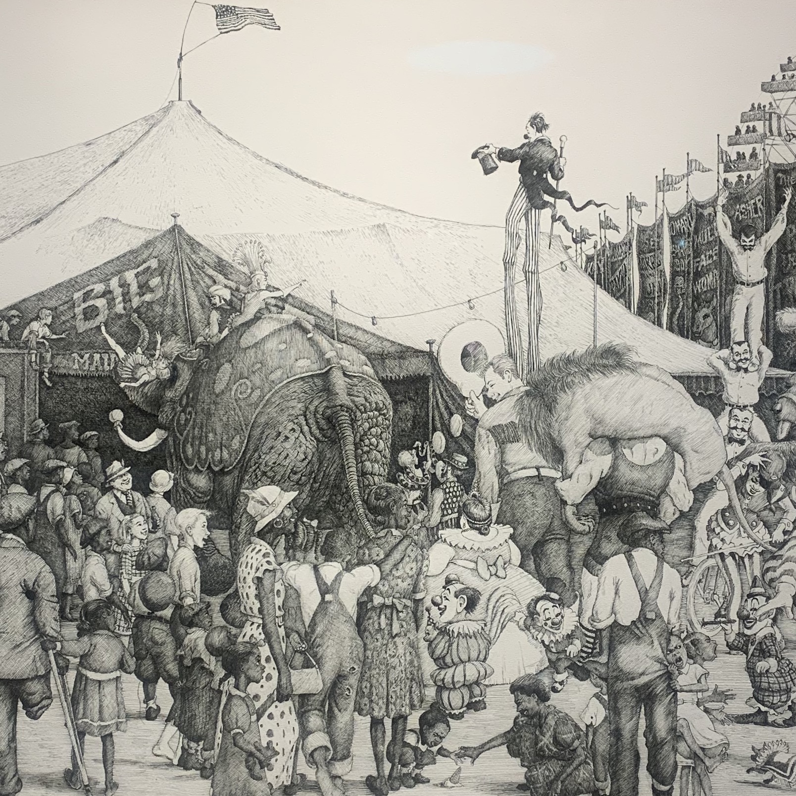 Circus 1930: Image Description: Black and white image of many people in front of a circus ground