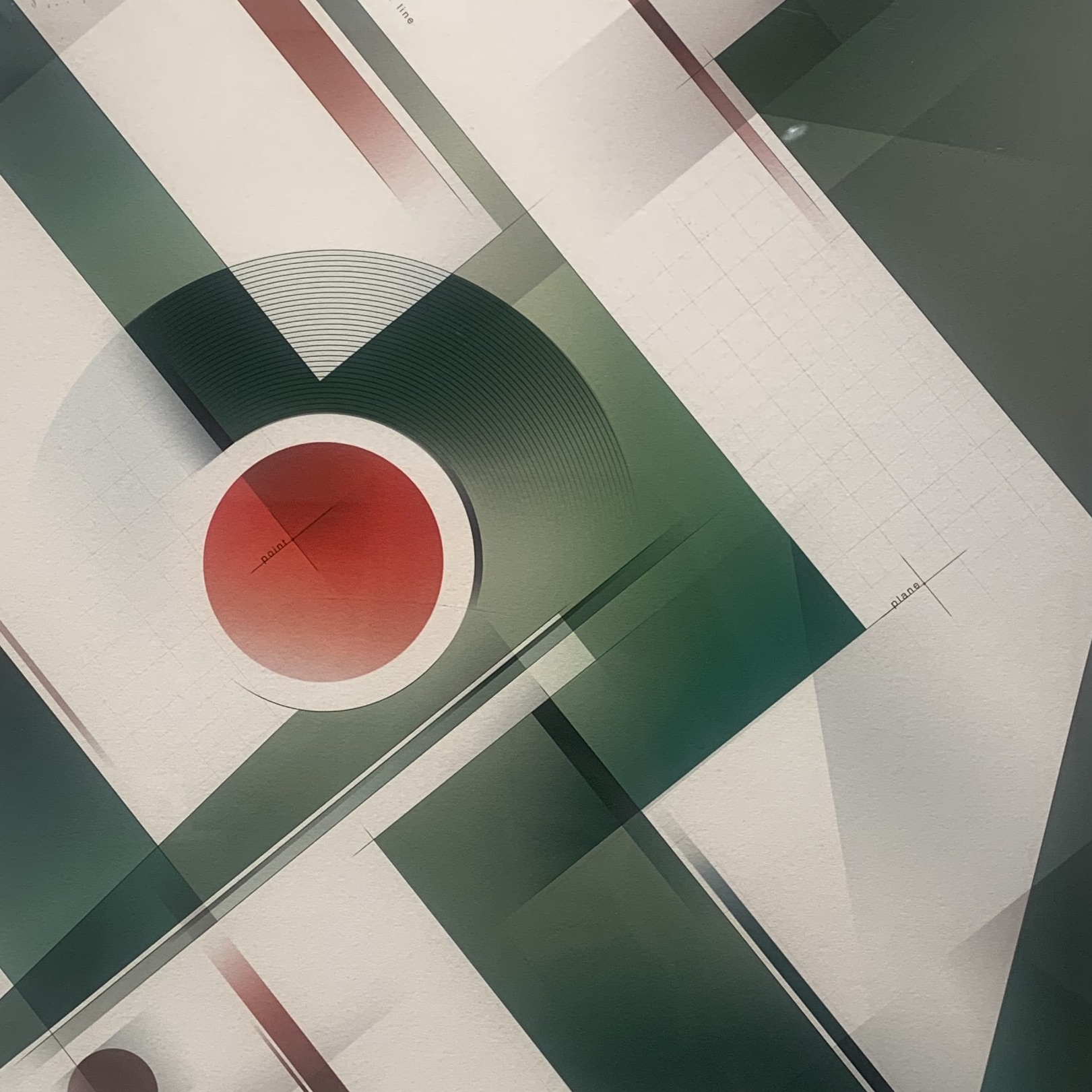 Point, Line, and Plane # 9: Image description: Green, white, and red geometric artwork
