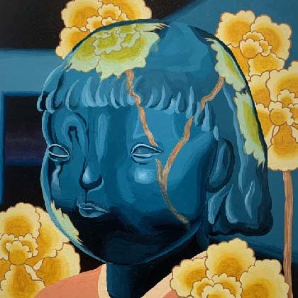 The Invisible: Image description: painting of a transparent woman with yellow flowers in the background