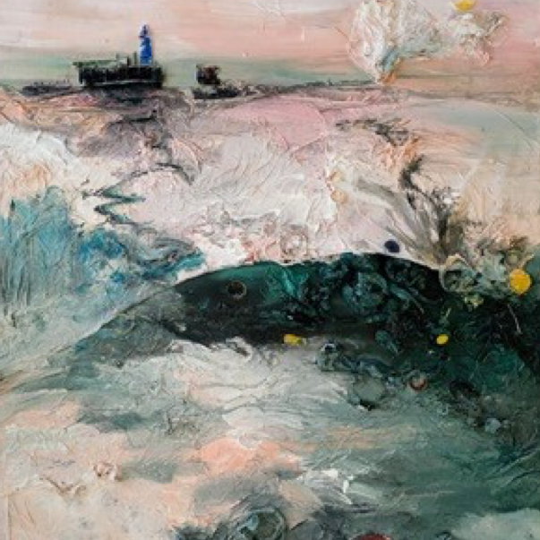 Pollution, From Land to Water: Image description: pink, white and blue painting of pollution in the ocean with boat